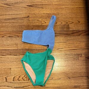 J. Crew Blue and Green One-Shoulder One Piece Swimsuit